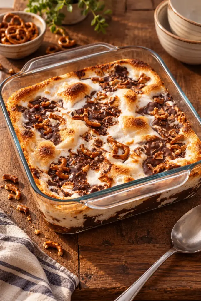 4-Ingredient Baked Marshmallow Fluff Dessert in a glass baking dish