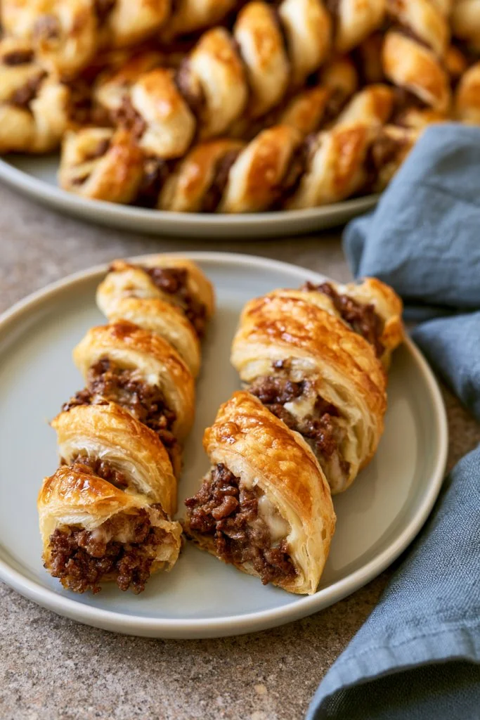 4 ingredient beef puff pastry twists ready to serve, golden and flaky