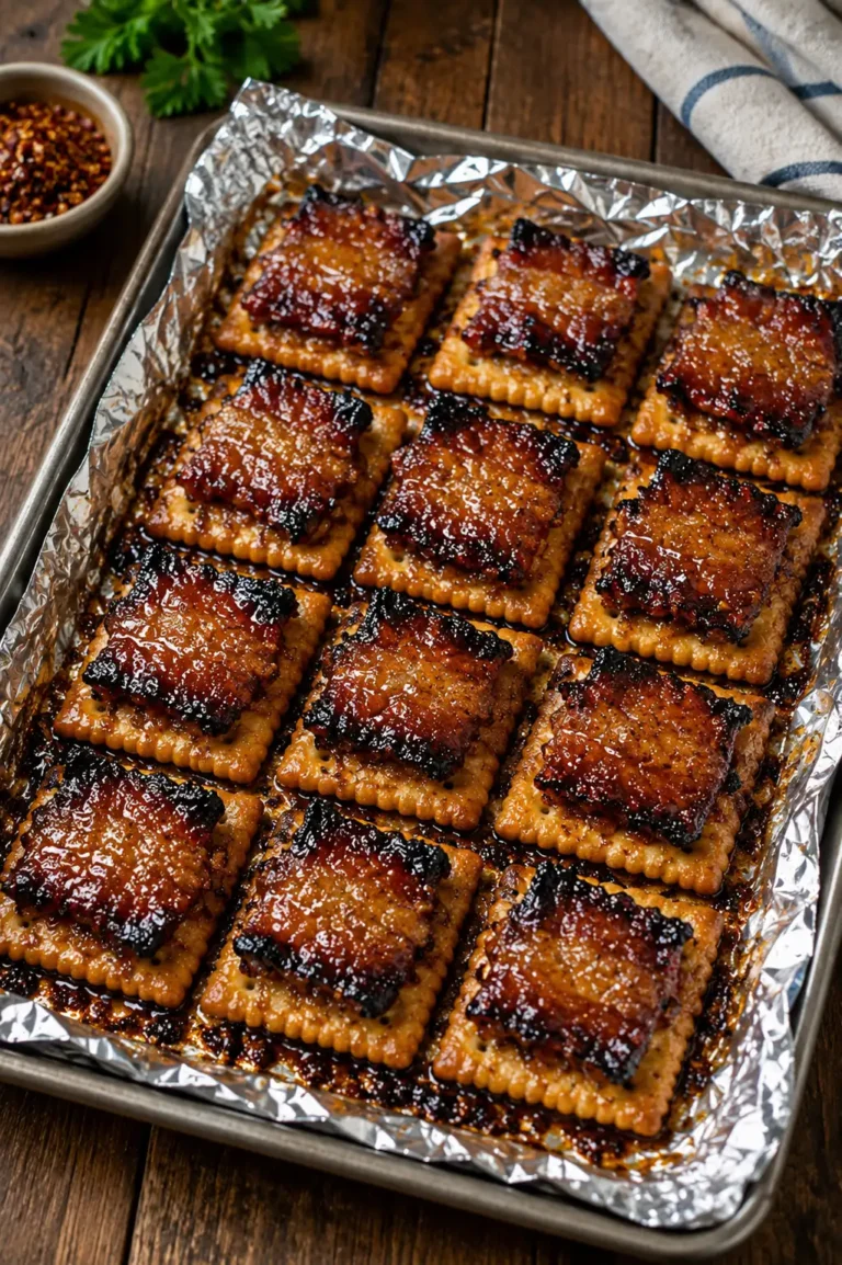 4 Ingredient Brown Sugar Bacon Crackers baked until crispy with caramelized brown sugar and smoky bacon on buttery crackers.