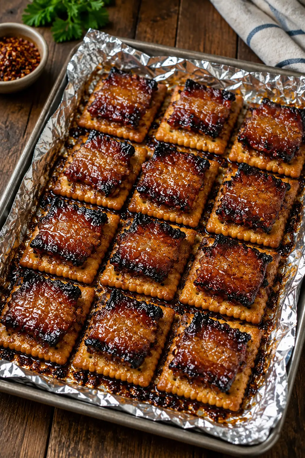 4 Ingredient Brown Sugar Bacon Crackers baked until crispy with caramelized brown sugar and smoky bacon on buttery crackers.
