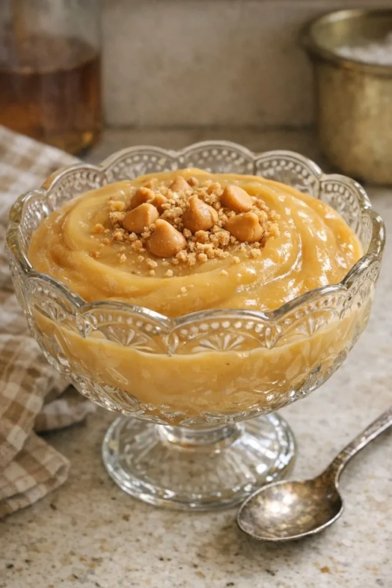 Bowl of creamy homemade butterscotch pudding topped with whipped cream.