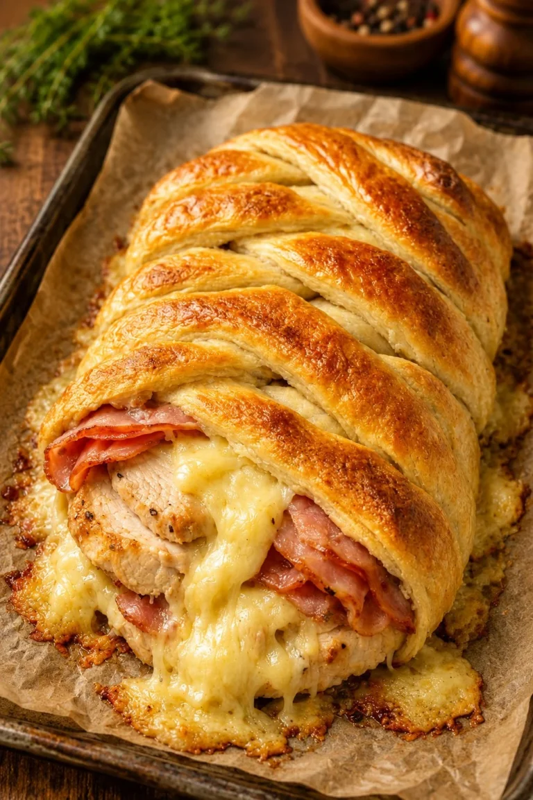Easy 4-Ingredient Chicken Cordon Bleu Crescent Braid recipe with ham and cheese