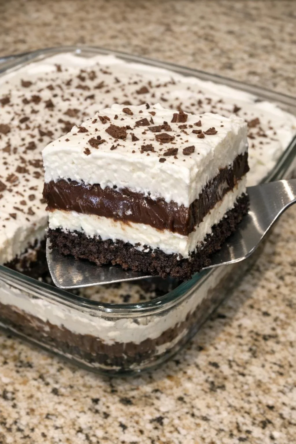 Delicious 4-ingredient chocolate lasagna dessert layered with creamy chocolate goodness