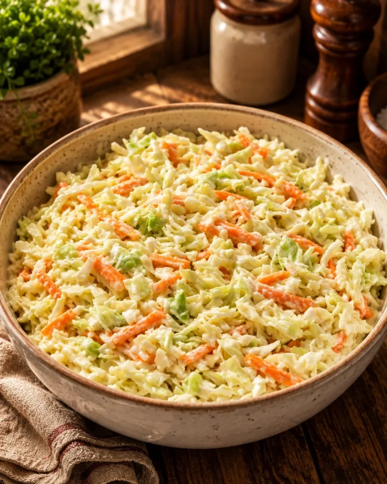 Bowl of 4-ingredient classic coleslaw with cabbage and dressing