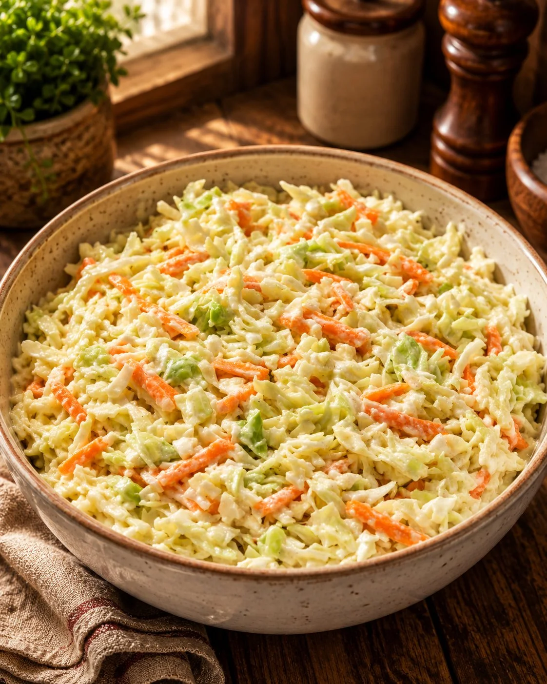 Bowl of 4-ingredient classic coleslaw with cabbage and dressing