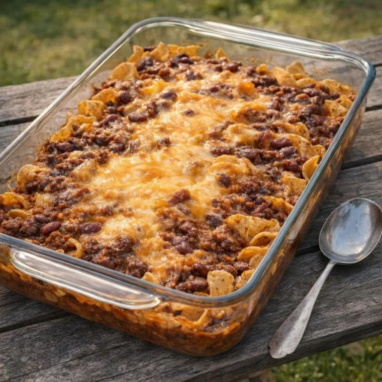 Delicious 4-ingredient corn chip chili pie ready to serve.