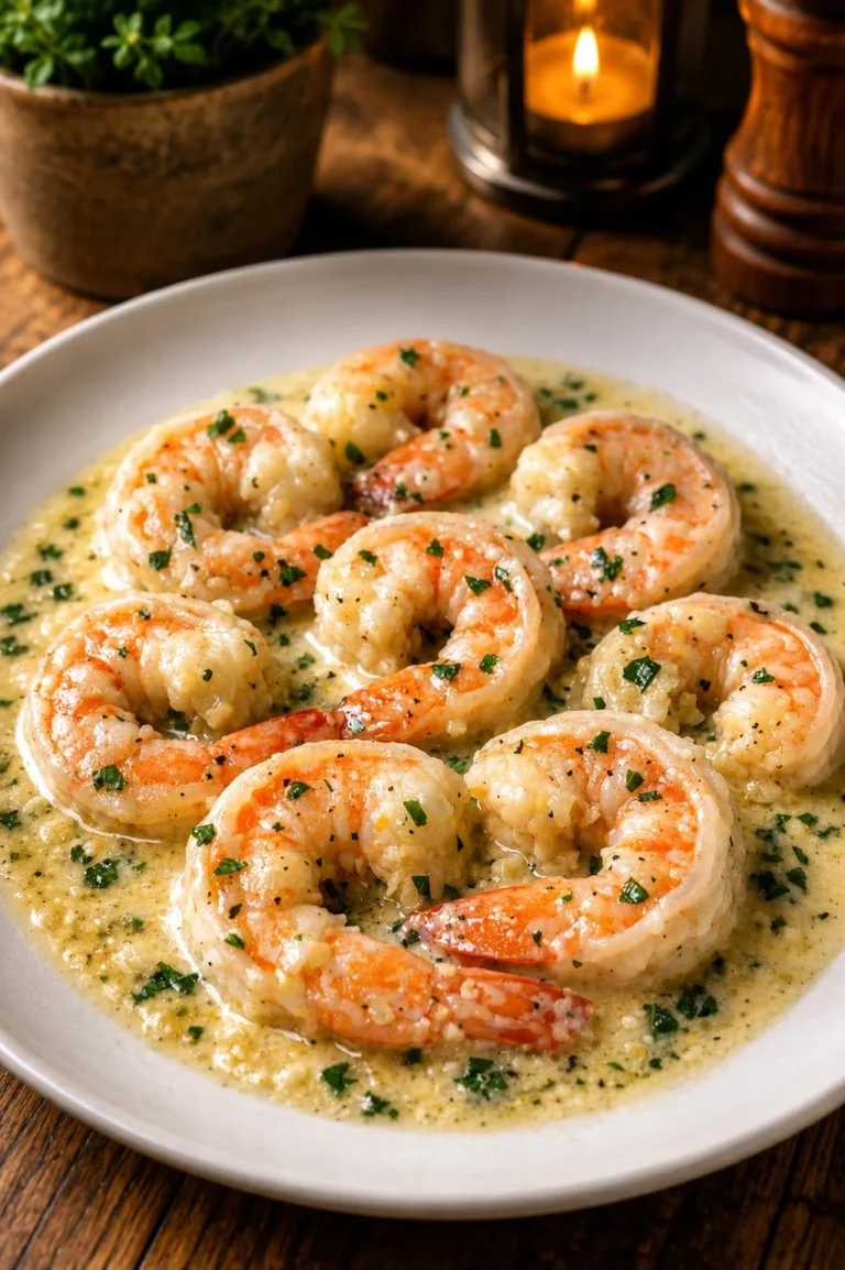 Delicious creamy garlic butter shrimp served in a skillet