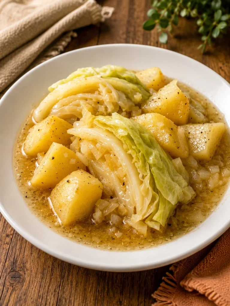 Delicious 4-Ingredient Crockpot Cabbage and Potatoes in a serving dish