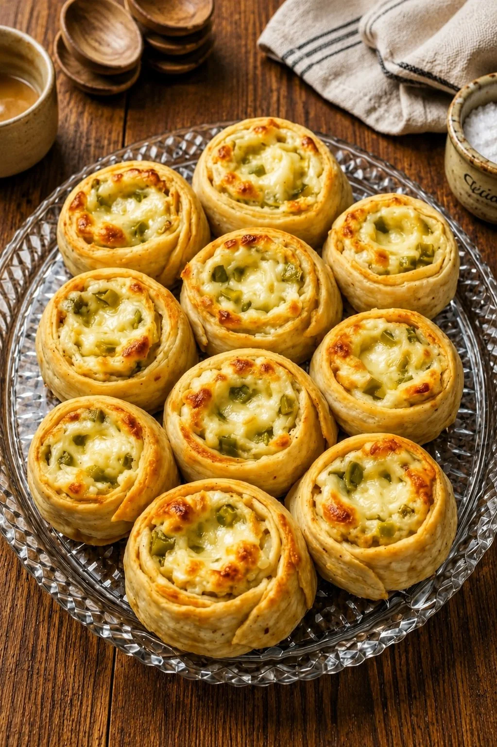 Delicious 4-ingredient green chile pinwheels served on a platter