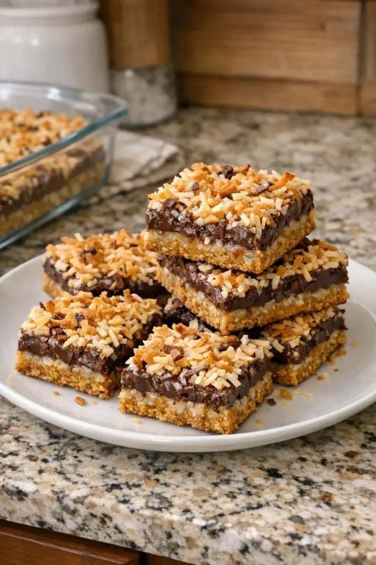 Four 4-Ingredient Hello Dolly Bars stacked on a plate