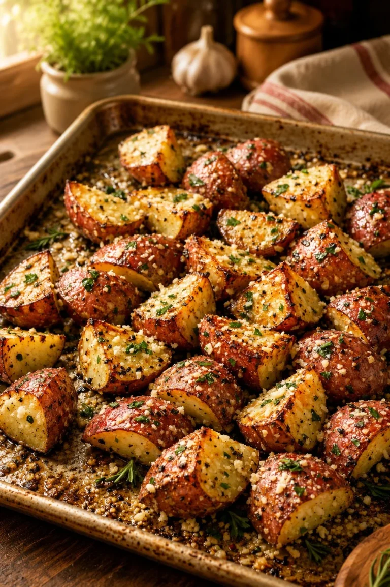 Plate of 4-Ingredient Italian roasted red potatoes garnished with herbs
