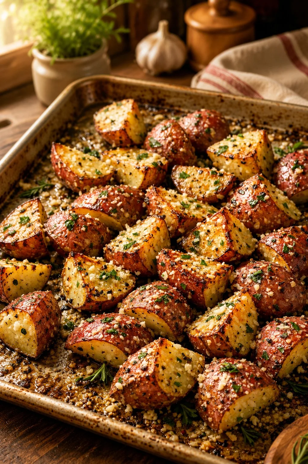 Plate of 4-Ingredient Italian roasted red potatoes garnished with herbs