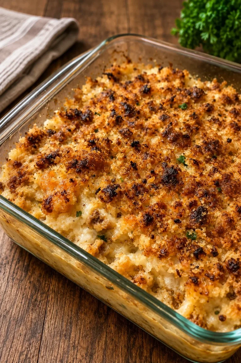 4-Ingredient Lazy Sunday Puff Casserole topped with golden pastry.