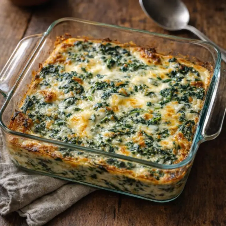 4-Ingredient Low Carb Cheesy Spinach Bake in a bright dish