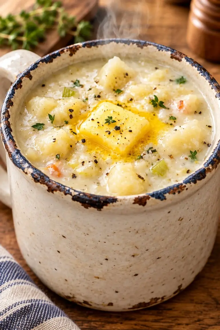 Bowl of 4-Ingredient Old Fashioned Potato Soup topped with herbs