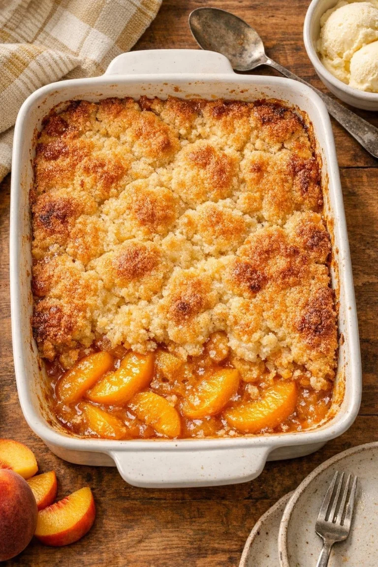 Delicious 4-Ingredient Oven Baked Autumn Peach Cobbler served in a rustic dish