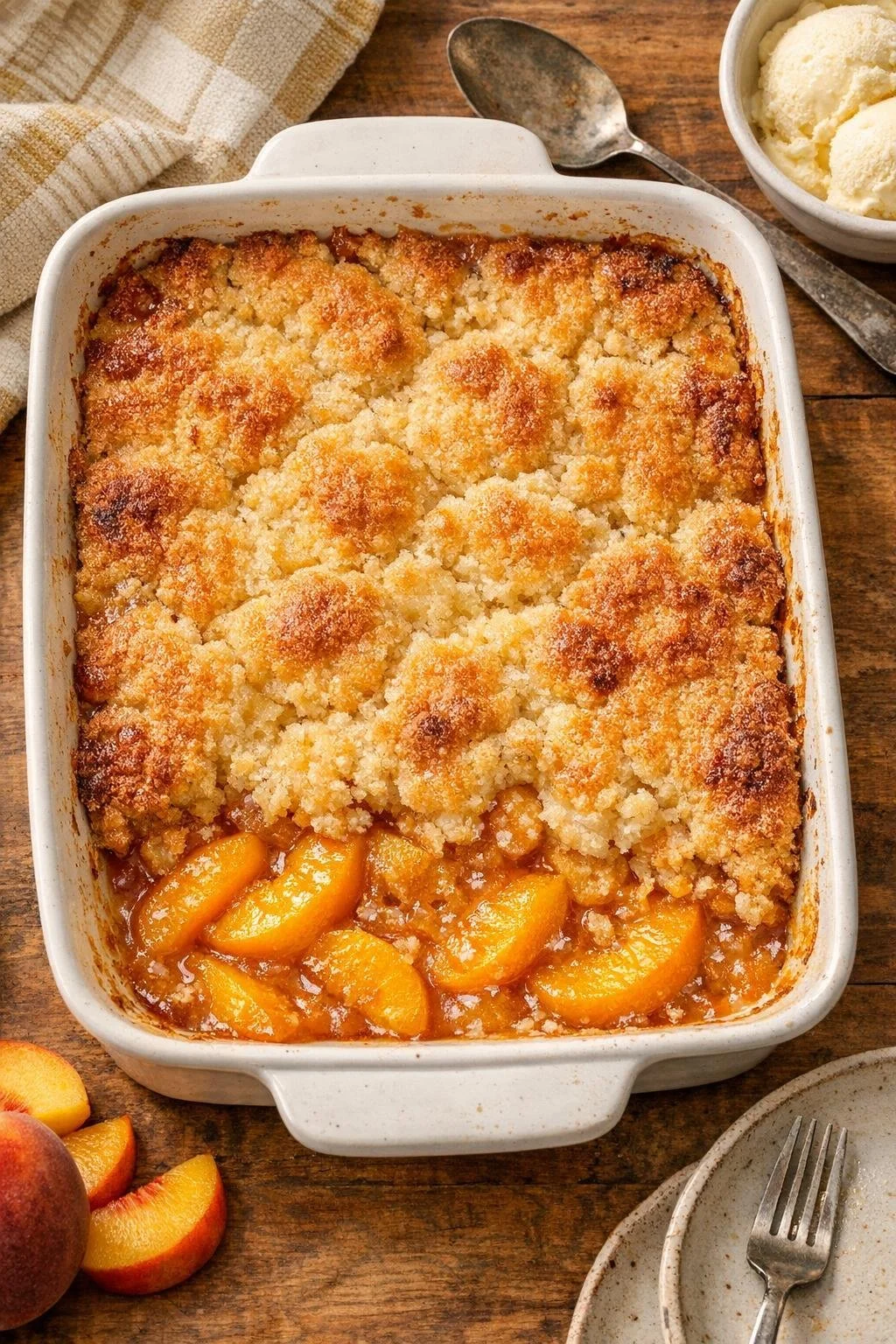 Delicious 4-Ingredient Oven Baked Autumn Peach Cobbler served in a rustic dish
