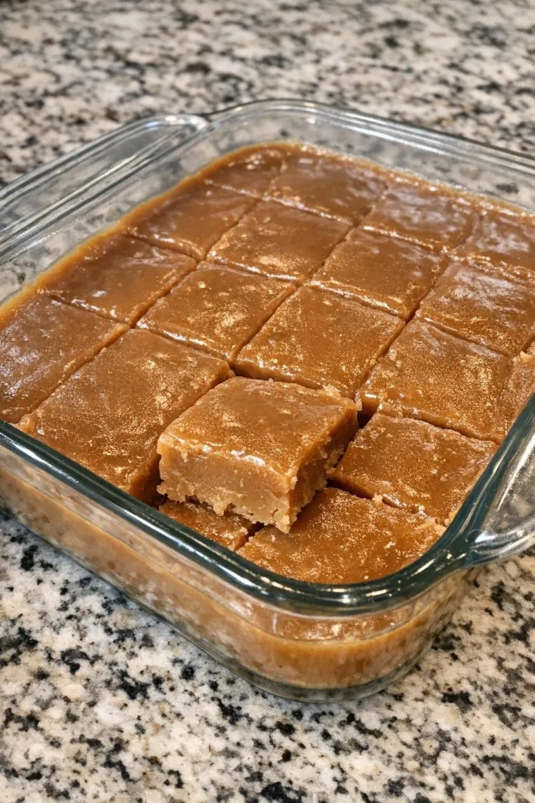 A plate of homemade 4-Ingredient Poor Man's Caramel Fudge served with a drizzle of caramel sauce.