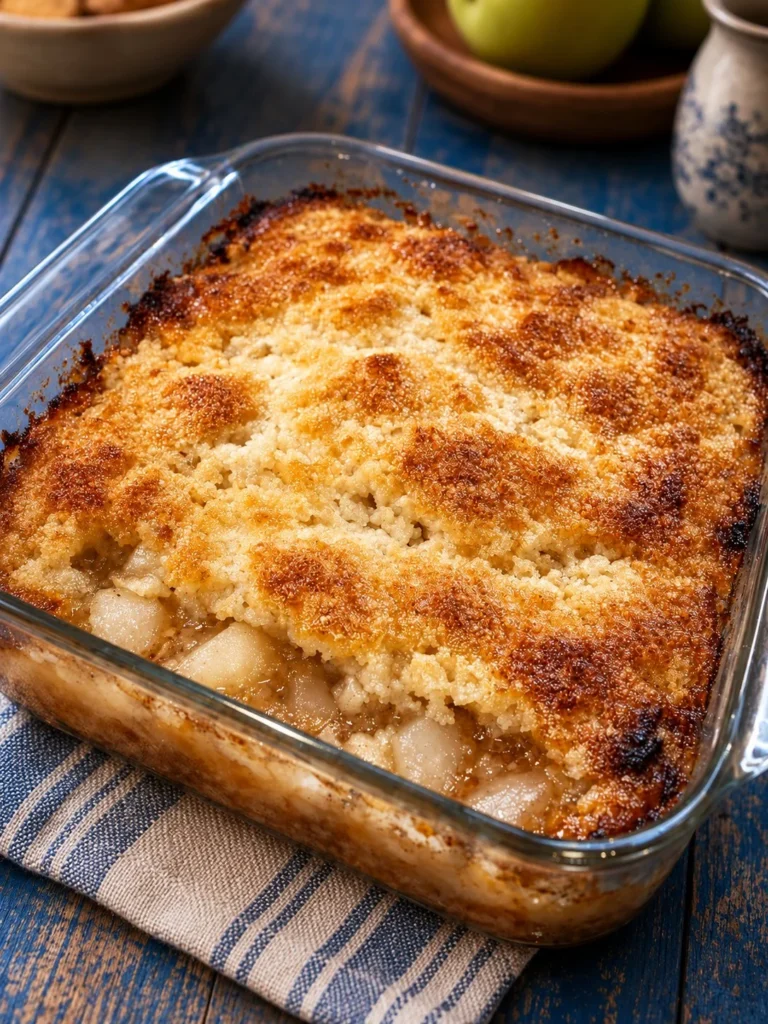 Delicious 4-ingredient pear cobbler served warm in a baking dish
