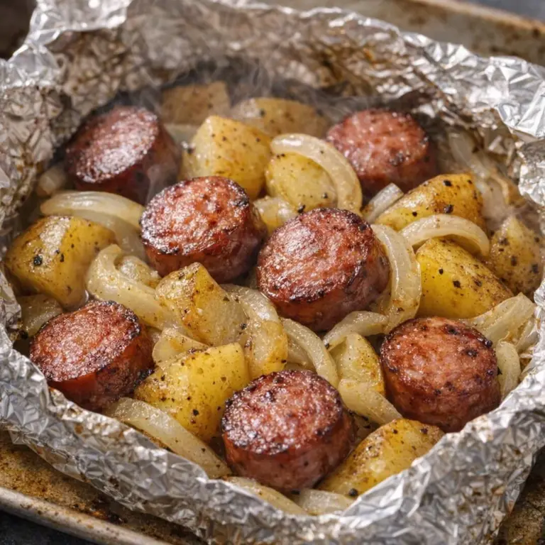 Savory 4-Ingredient Sausage and Potato Foil Packets ready for grilling.