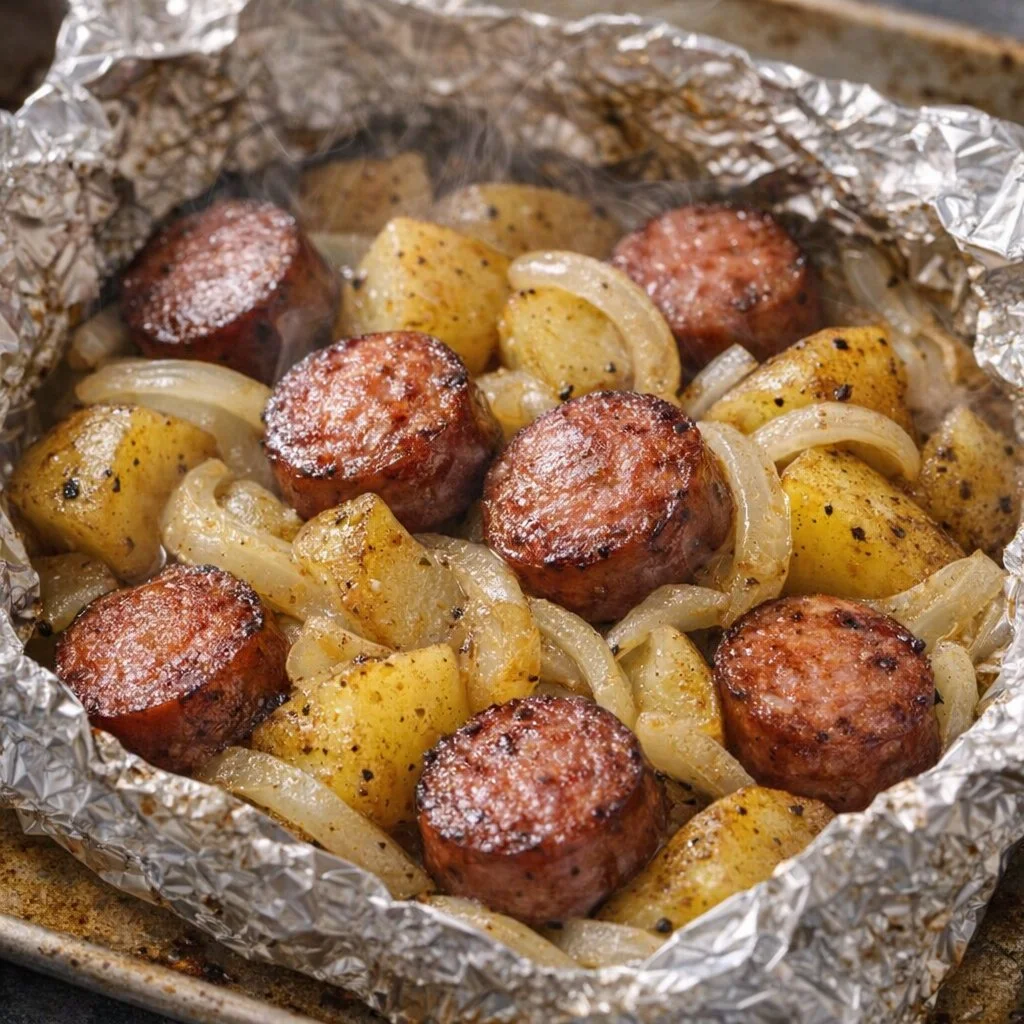Savory 4-Ingredient Sausage and Potato Foil Packets ready for grilling.