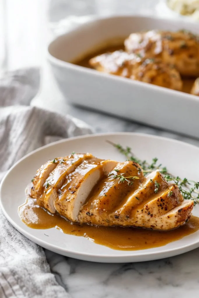 Delicious 4 ingredient savory chicken bake ready to serve.
