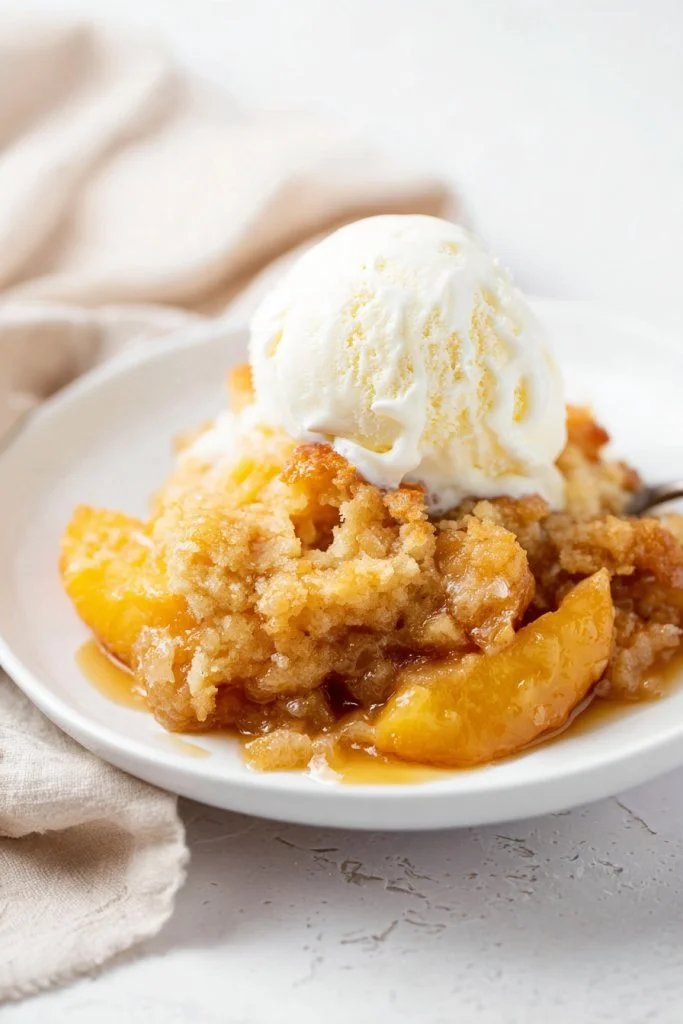 Delicious 4-ingredient slow cooker apple cobbler served in a bowl with a scoop of vanilla ice cream