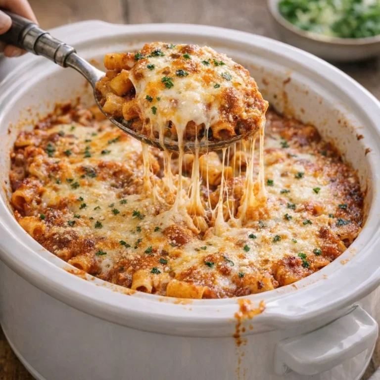 Delicious 4-Ingredient Slow Cooker Baked Mostaccioli prepared in a ceramic dish