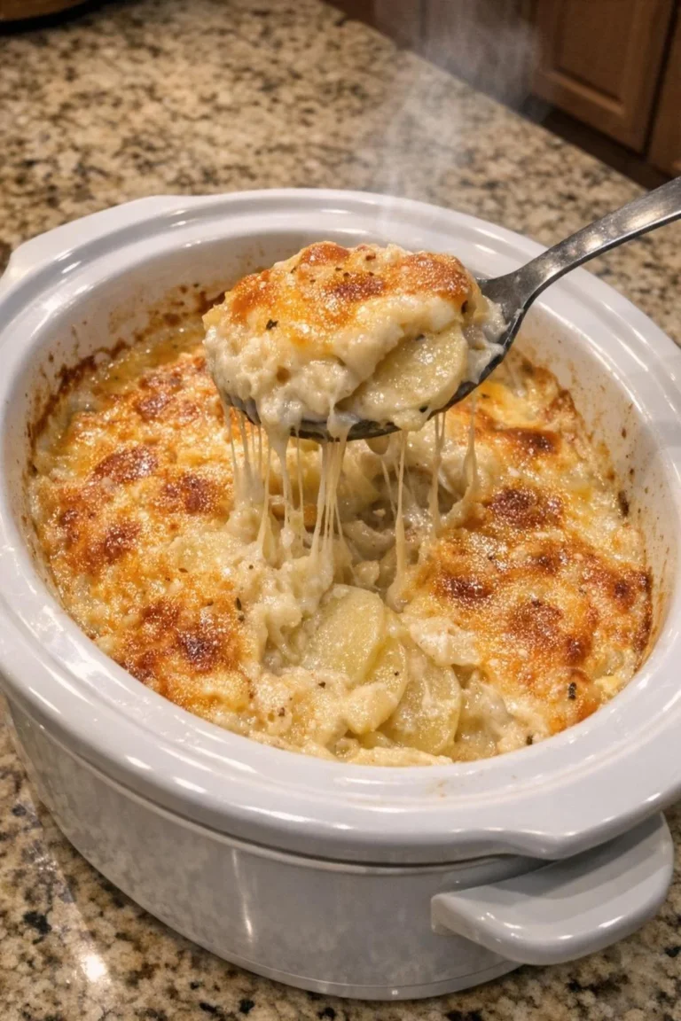 Slow Cooker Game Day Bubbling Steakhouse Potato Casserole with cheese and potatoes