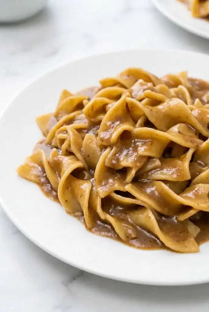 Delicious slow cooker gravy noodles made with just four ingredients