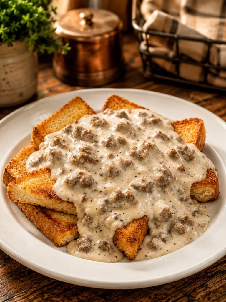 Bowl of slow cooker hamburger gravy with mashed potatoes, garnished with parsley.