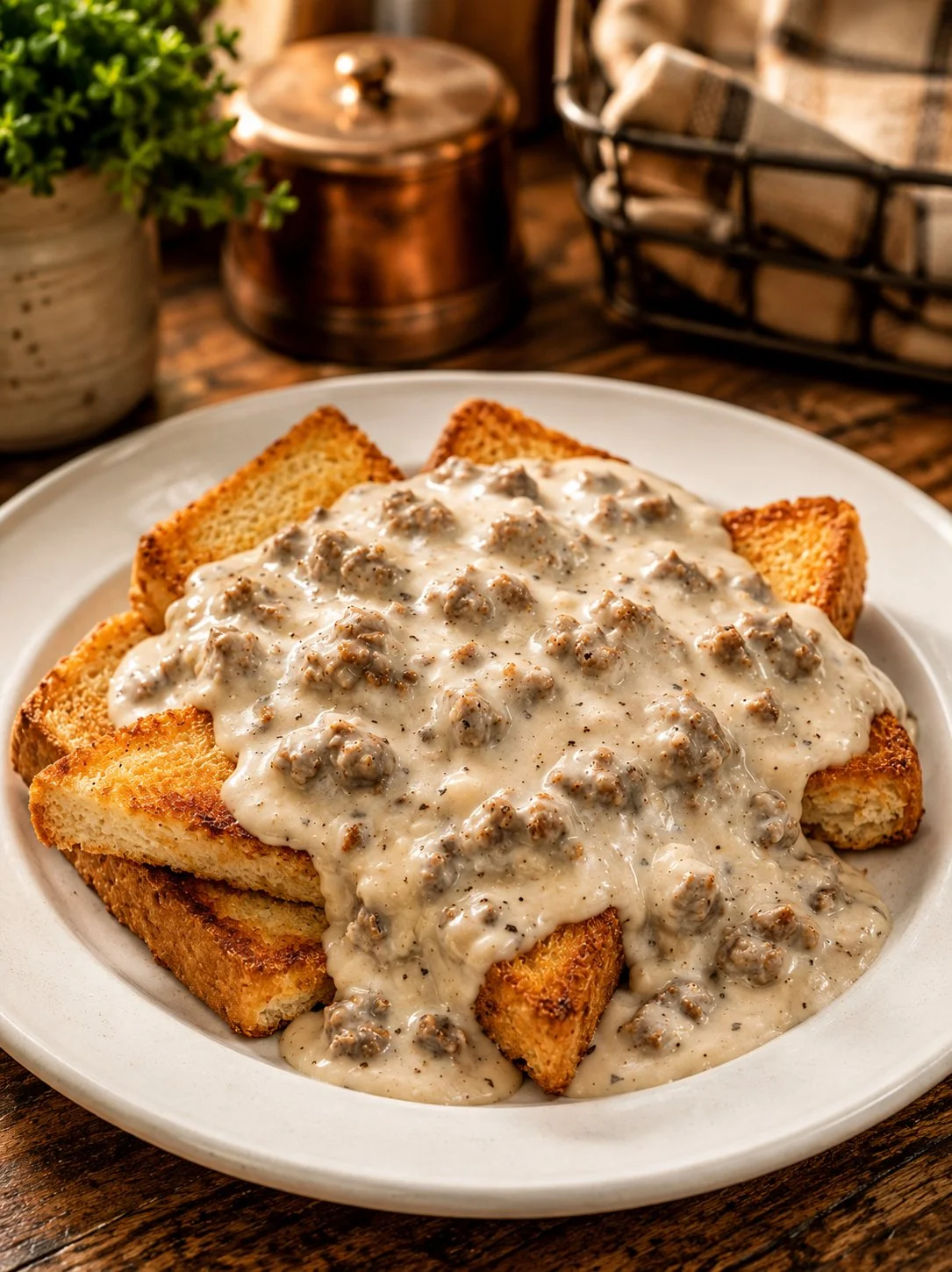 Bowl of slow cooker hamburger gravy with mashed potatoes, garnished with parsley.