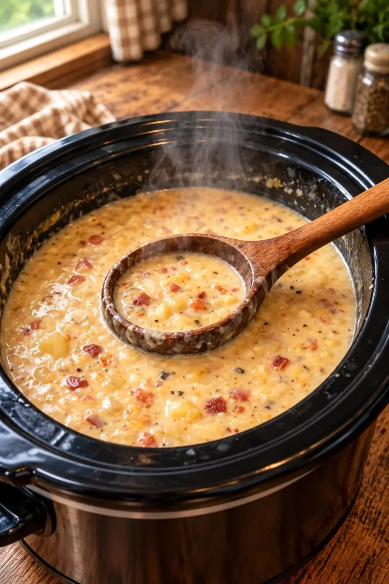 Silky Garlic Cream Potato Soup made with Mountain Rose potatoes in a slow cooker.