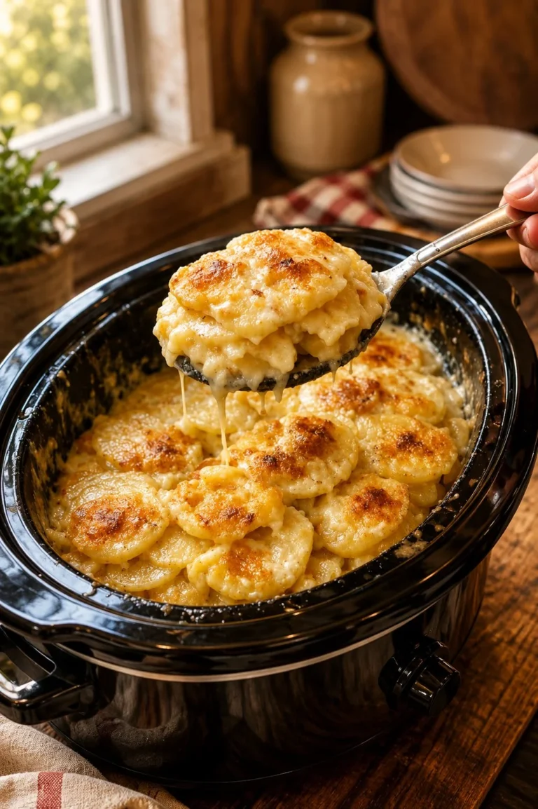 4-Ingredient Slow Cooker Layered Cream Scalloped Potatoes dish