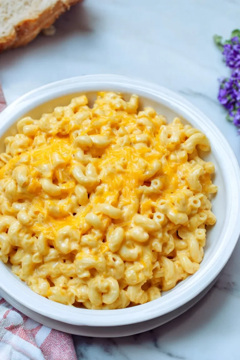 Delicious bowl of 4-ingredient slow cooker mac and cheese with melted cheese