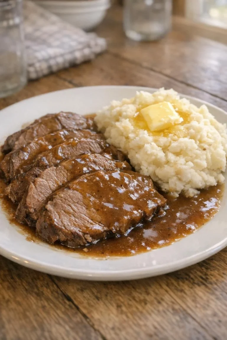 4-Ingredient slow cooker reunion roast served with vegetables