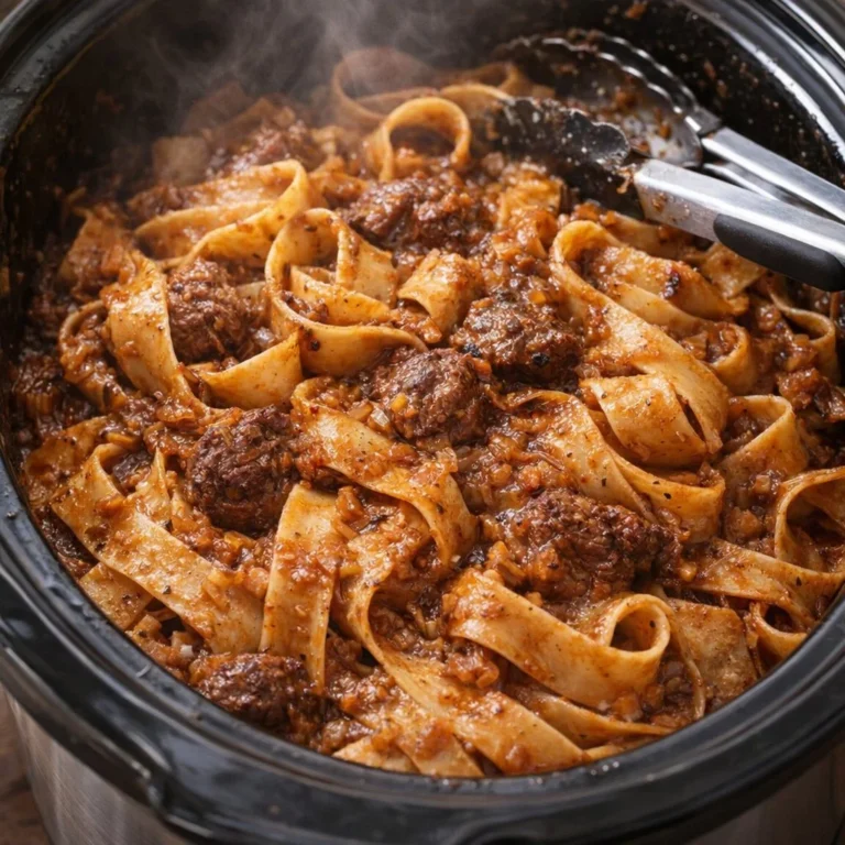 Bowl of 4-Ingredient Slow Cooker Ribbon Noodles ready to serve.