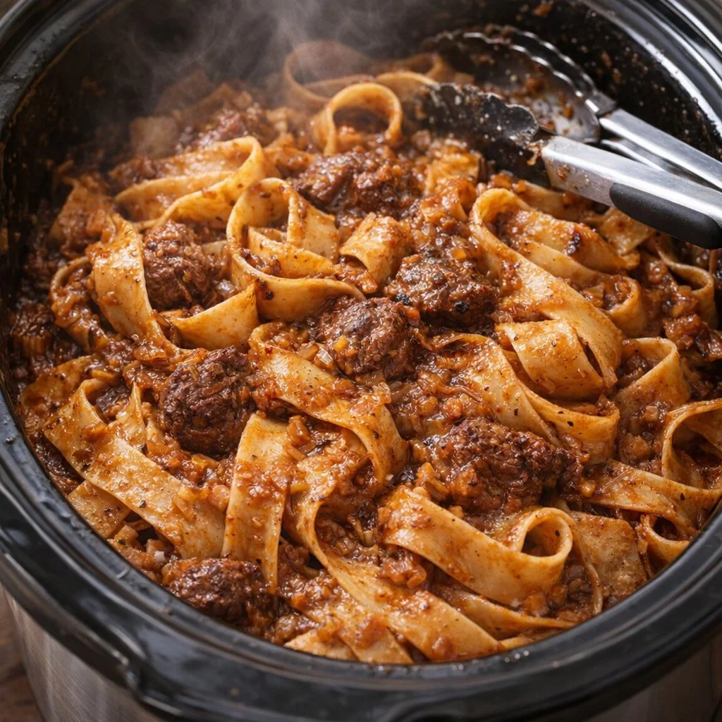 Bowl of 4-Ingredient Slow Cooker Ribbon Noodles ready to serve.