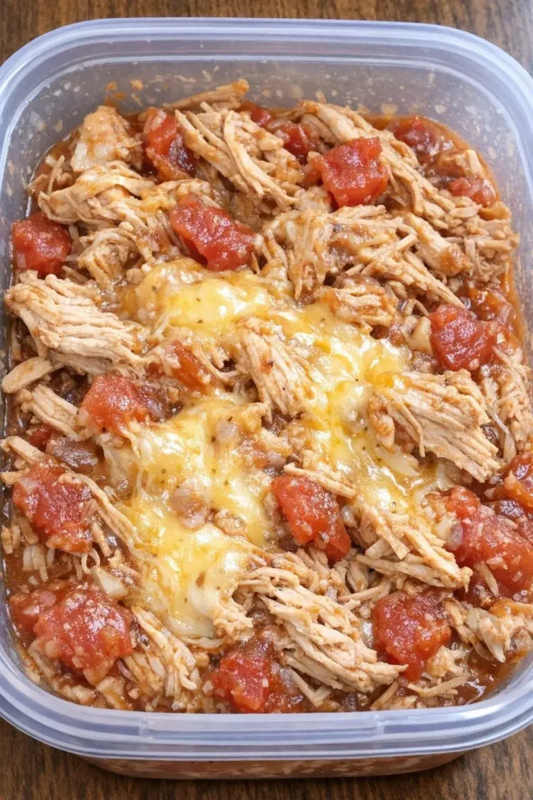 Slow cooker salsa chicken prepared with four simple ingredients.