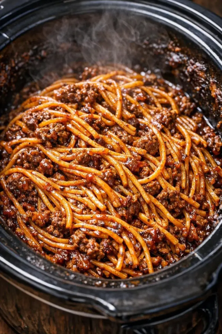 4-Ingredient Slow Cooker Spaghetti Dinner in a bowl with fresh herbs
