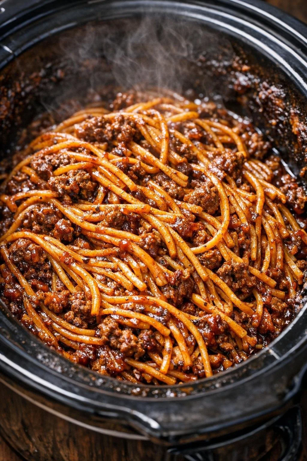 4-Ingredient Slow Cooker Spaghetti Dinner in a bowl with fresh herbs