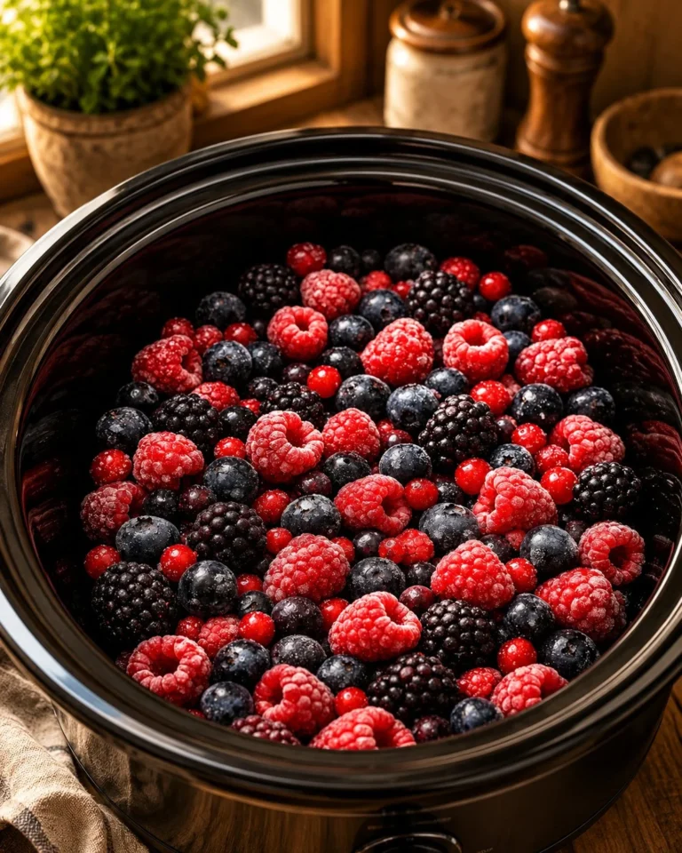 Delicious 4-ingredient slow cooker summer berry dessert served in a bowl