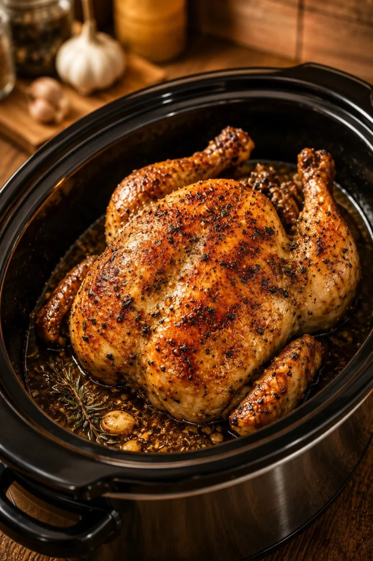 Delicious 4-ingredient slow cooker whole chicken served with herbs