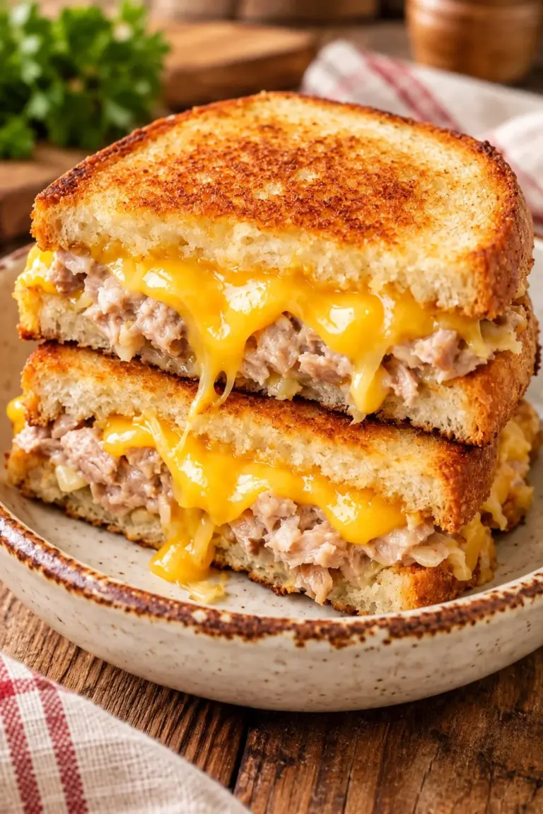 Delicious 4-Ingredient Tuna Melt sandwich with melted cheese and tuna filling.