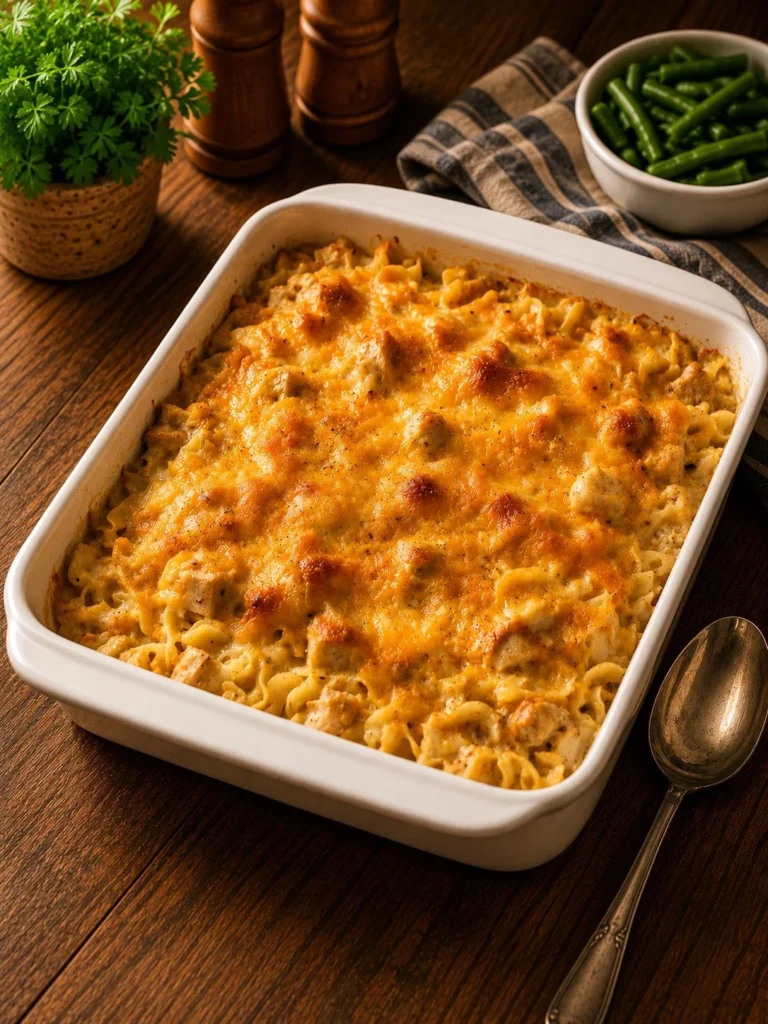 5-Ingredient Amish chicken noodle bake dish served in a casserole dish.