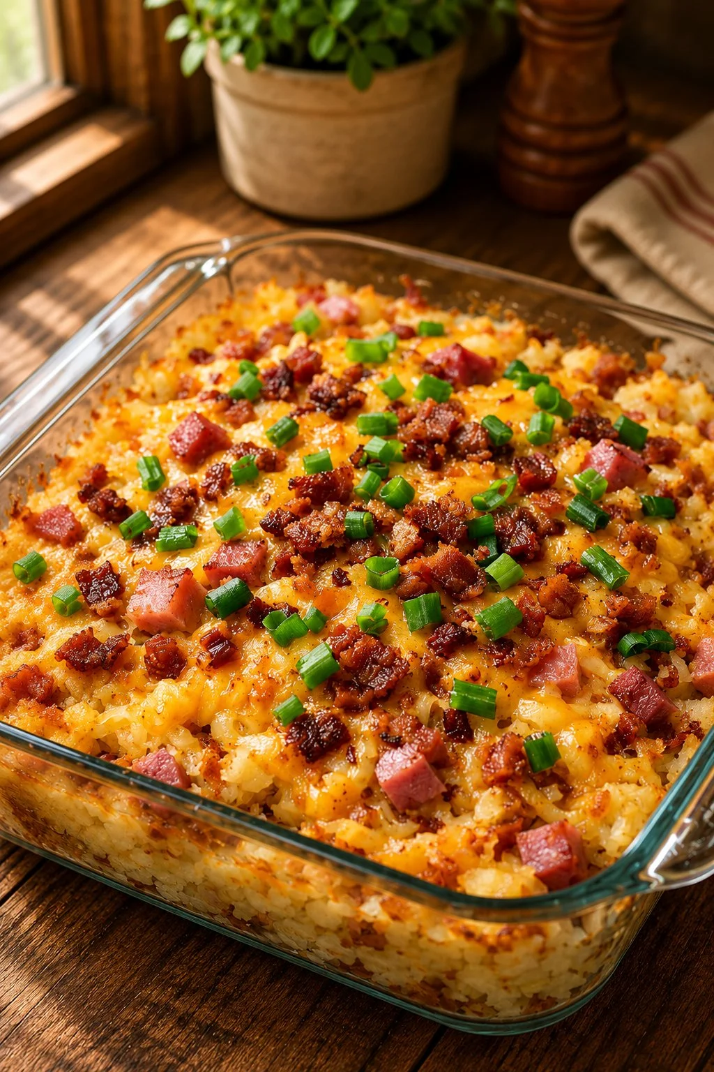 Serving of baked hash brown patty casserole topped with cheese and green onions