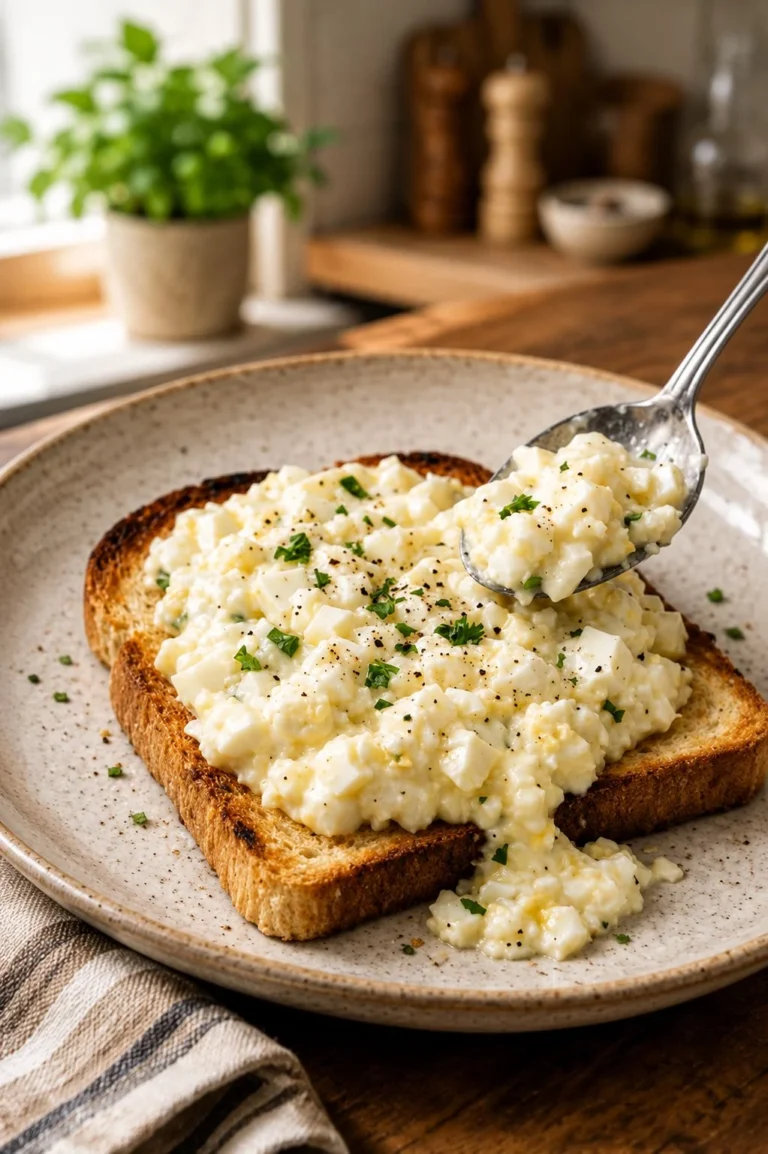 Delicious creamed eggs on toast garnished with herbs for breakfast