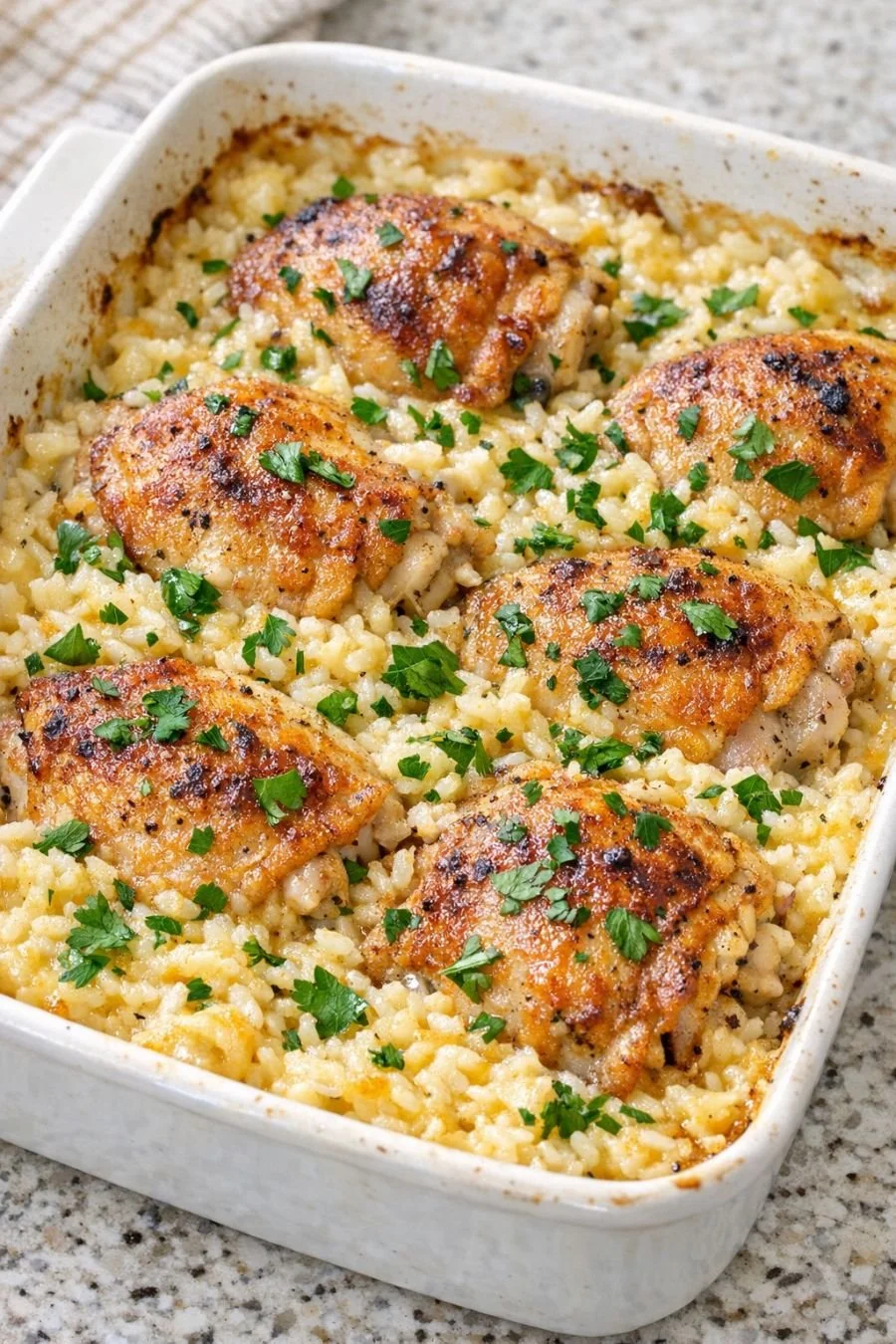 Delicious 5-Ingredient Creamy Chicken and Rice Bake ready to serve.