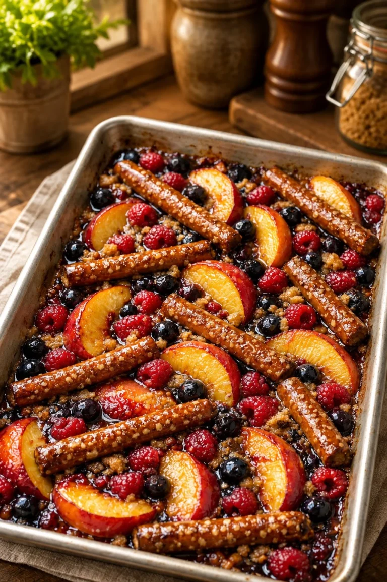 Oven baked pretzel fruit dessert topped with fresh fruits and cream