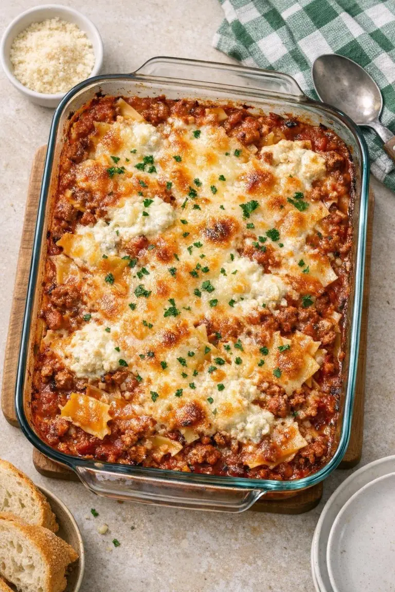 5-Ingredient pasta lasagna served in a baking dish for National Pasta Day